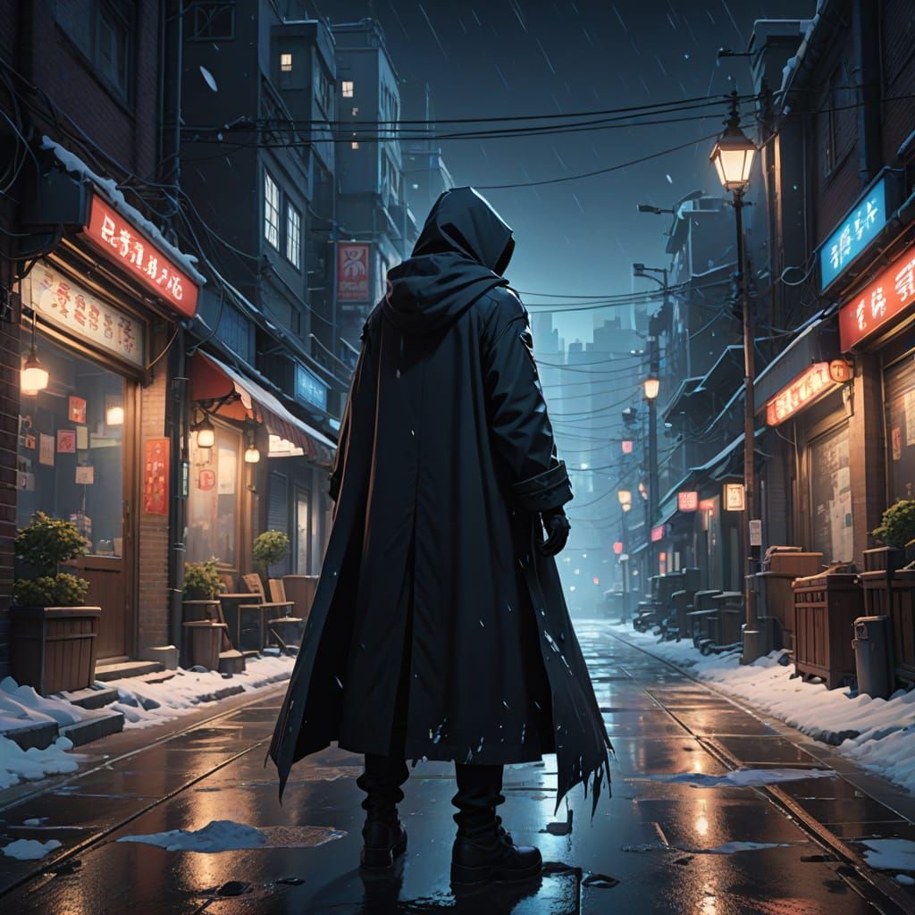 Desolate Snowy Street with Cloaked Figure