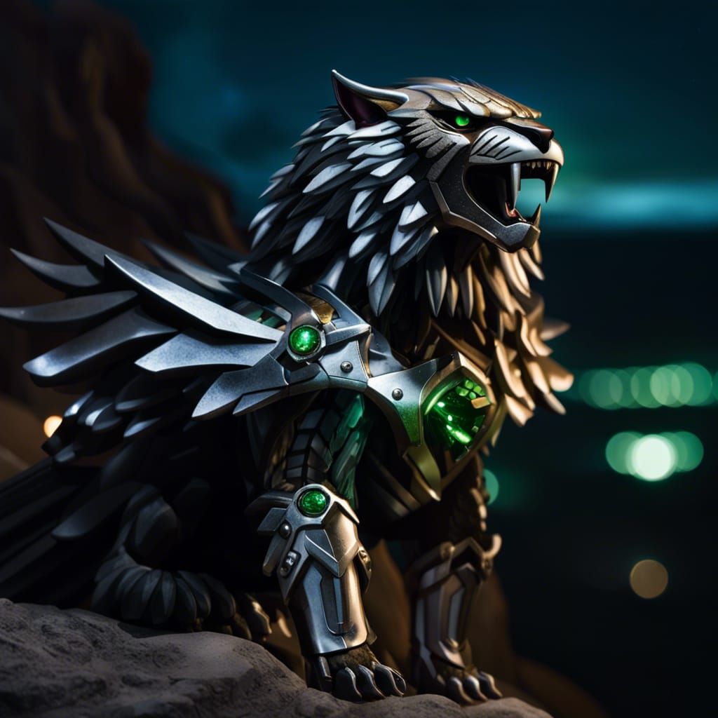 Armored Sabertooth Gryphon on Cliff Edge