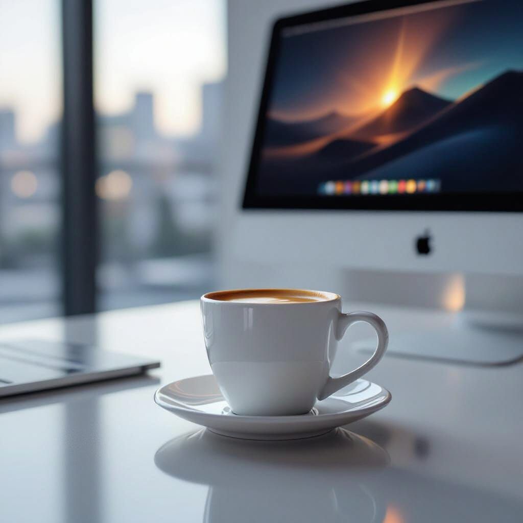 Espresso Cup on Modern Office Desk Next to Computer