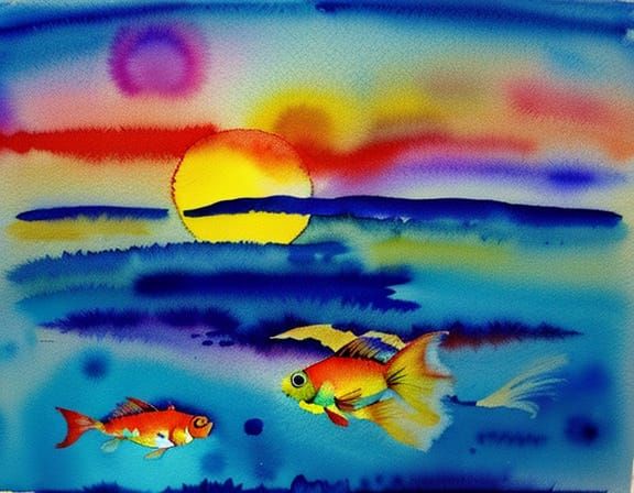 Surreal Goldfish in Azure Sunset: Kidcore Watercolor