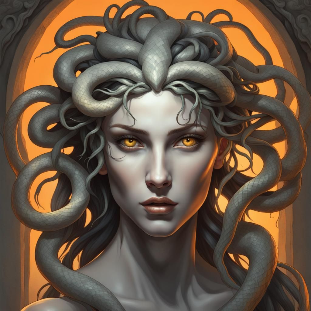 Medusa Portrait with Snakes, Stone Texture and Glowing Eyes