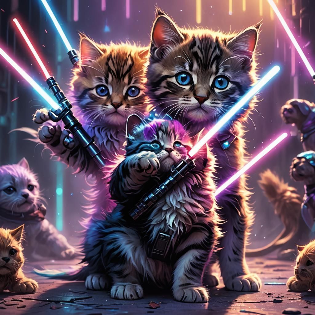 Kitten vs Puppy Lightsaber Battle in Fantasy Art