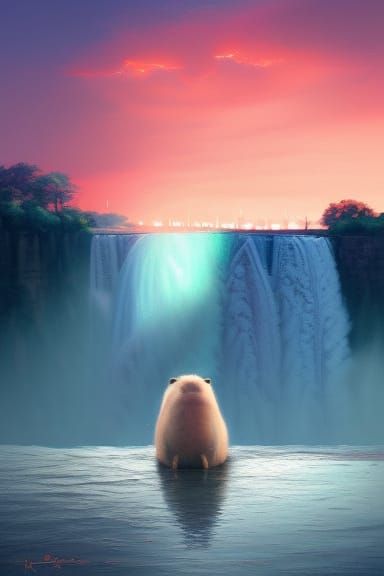 White Capybara at Niagara Falls: Surreal Photography