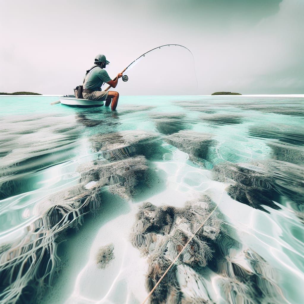 Fly Fisherman in Maldives-Style Teal Water
