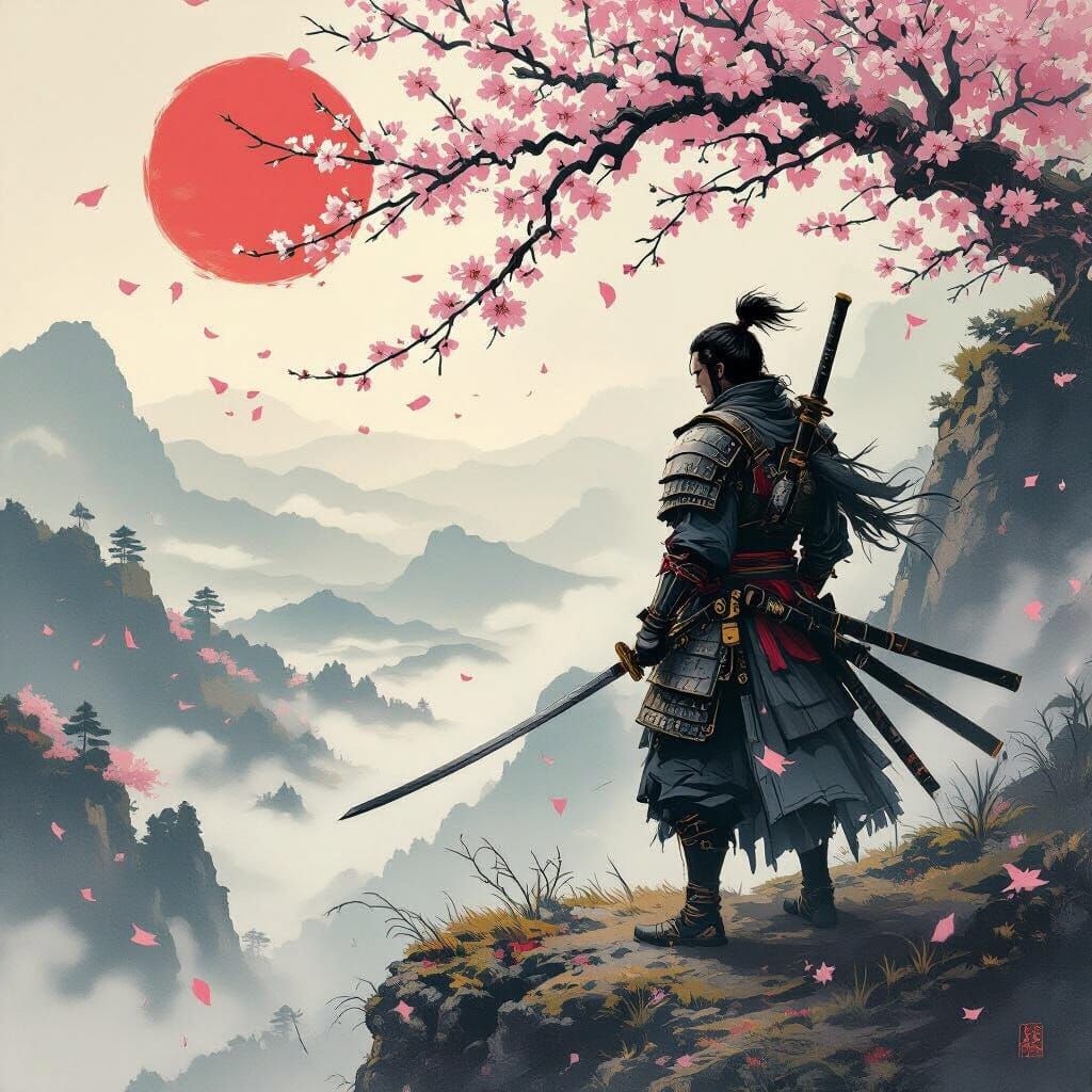 Samurai on Windswept Cliff in Dark Fantasy Style
