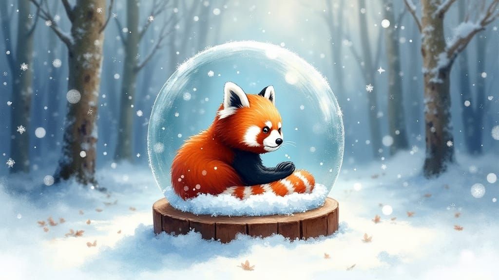 Red Panda in Snow Globe, Watercolor Forest Scene