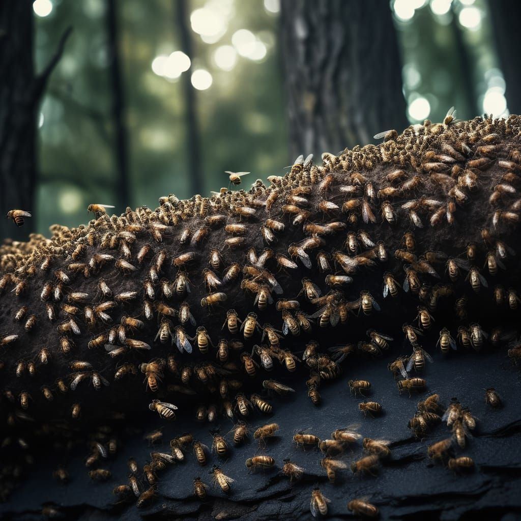 Dark Fantasy Chaos: Bees Swarm Frightened Men in Muted Fores...