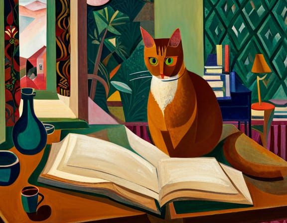 Cat Reading Book in Surrealist Style