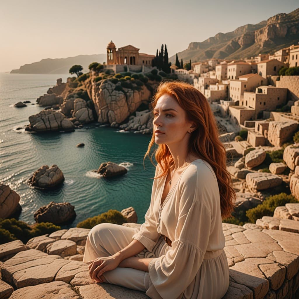 Serene Mediterranean Goddess in Golden Hour