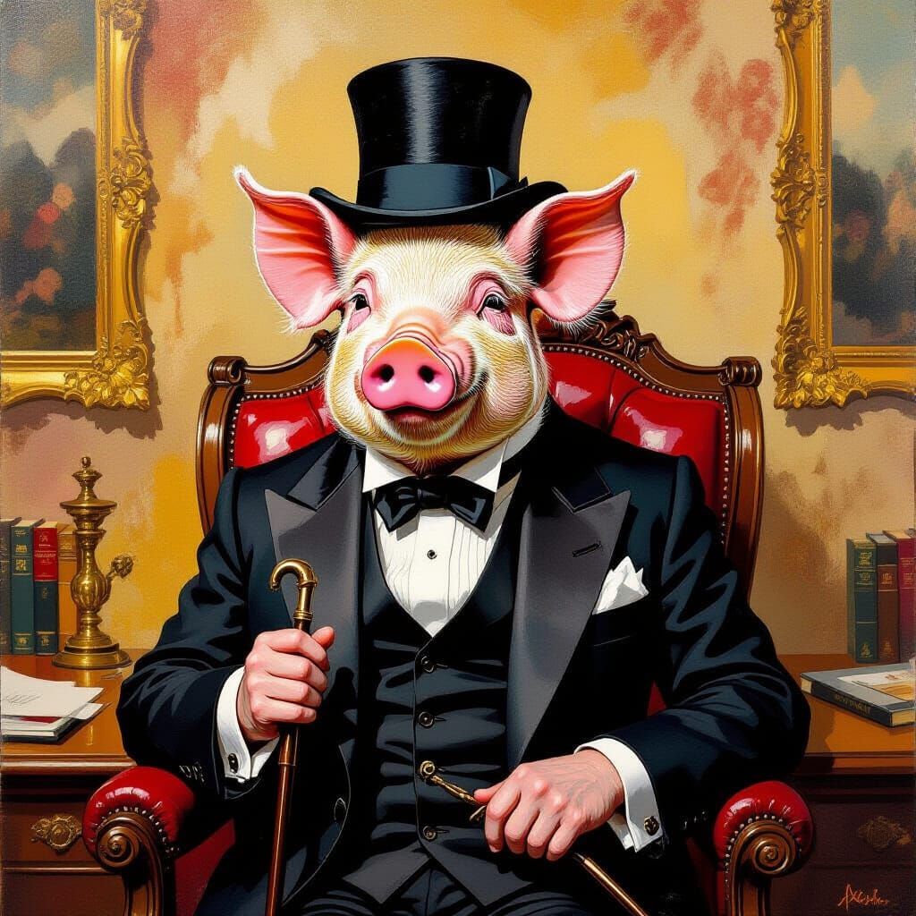 Capitalist Pig in Opulent Office as Impasto Painting