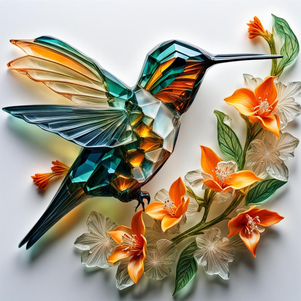 Jewelweed Hummingbird Ice Sculpture in Cubist Style