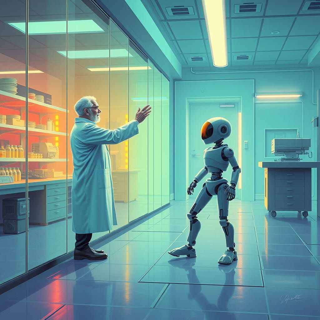 Dr. Light Contemplates a Futuristic Robot in a Neon-Lit Lab
