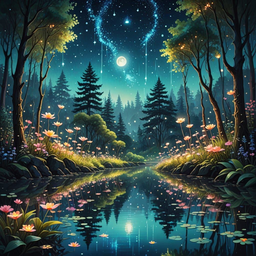 Enchanted Flower Forest Oil Painting Under Starry Sky