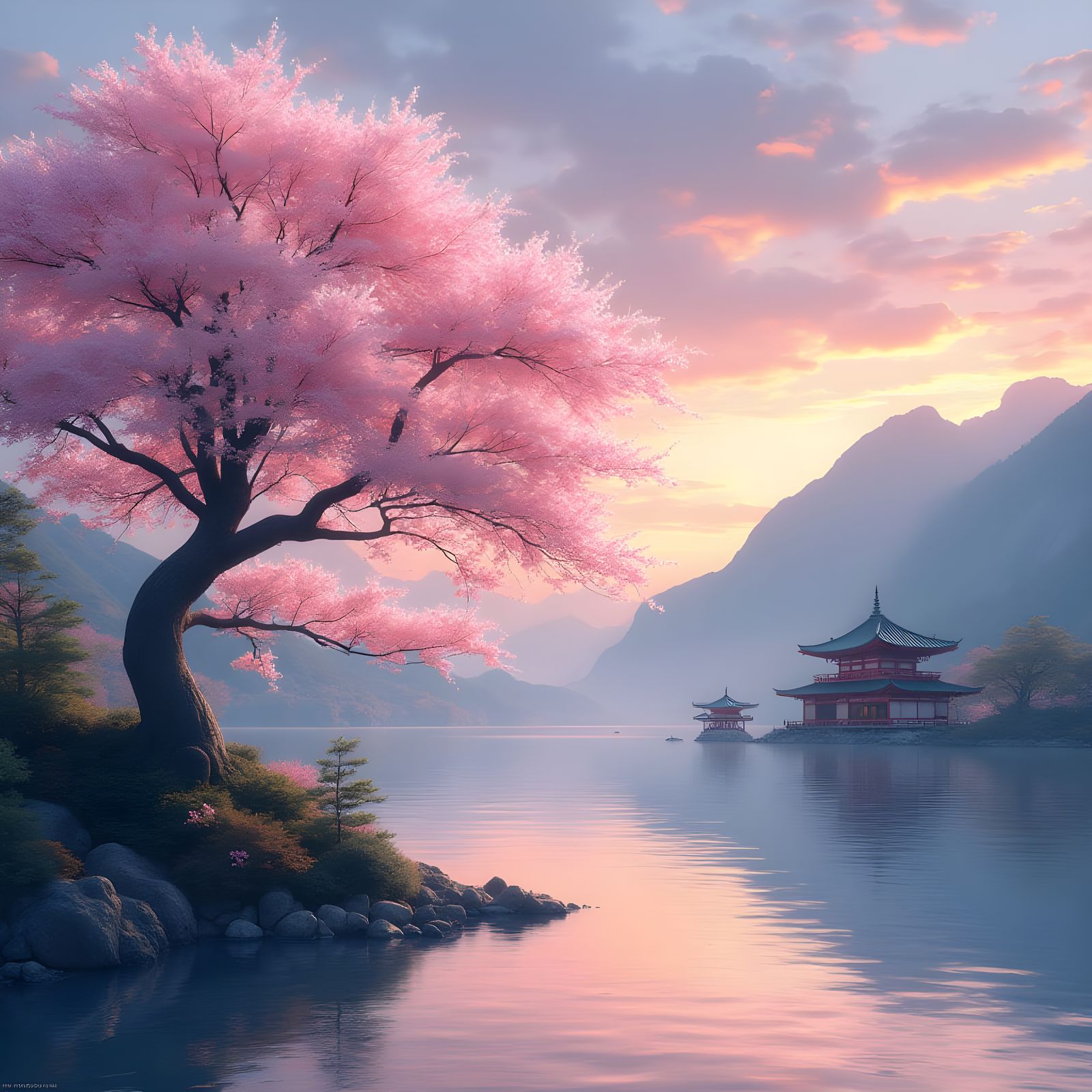 Sakura Tree in Japanese Landscape with Temples and Mountains
