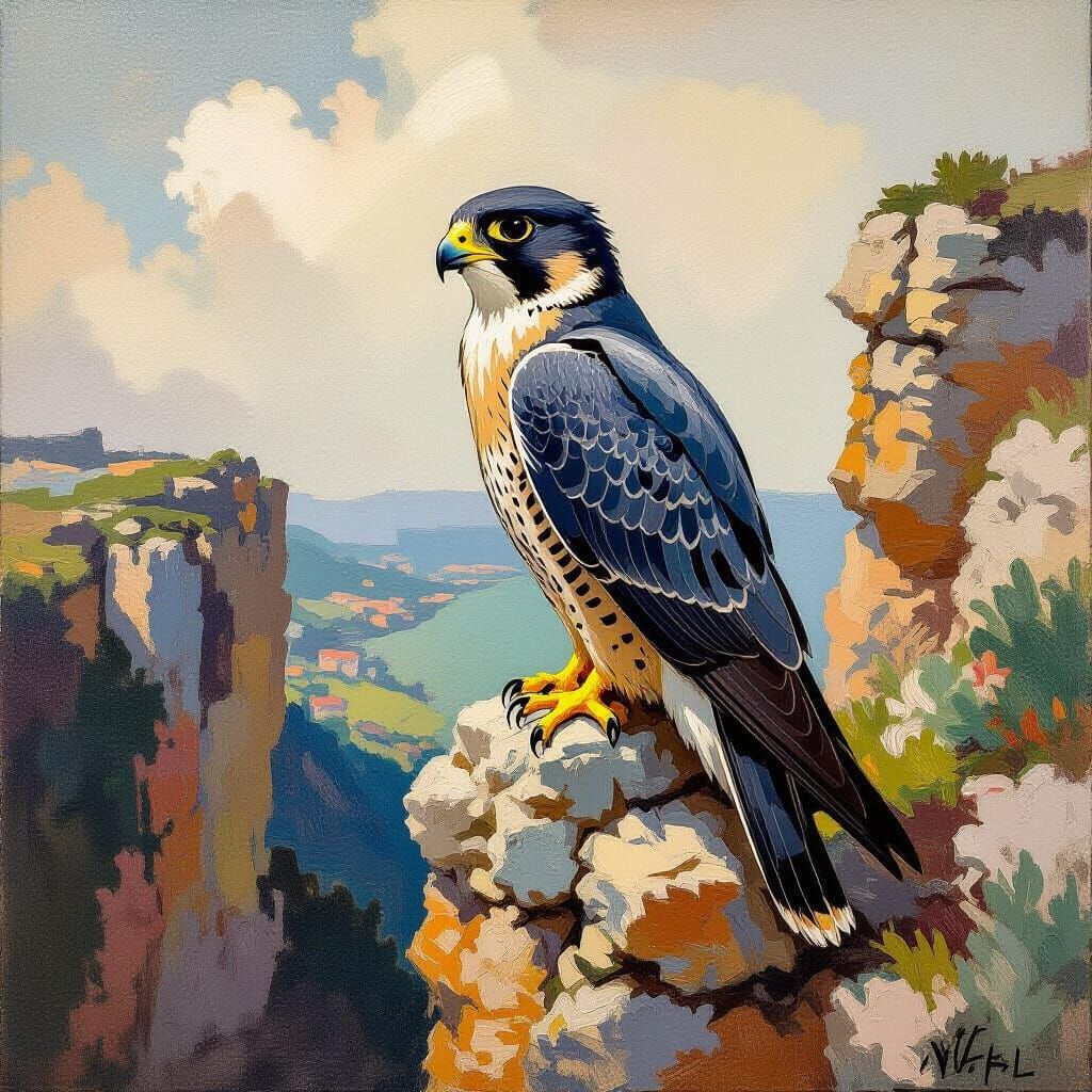 Peregrine Falcon on Cliff in Nabis Style