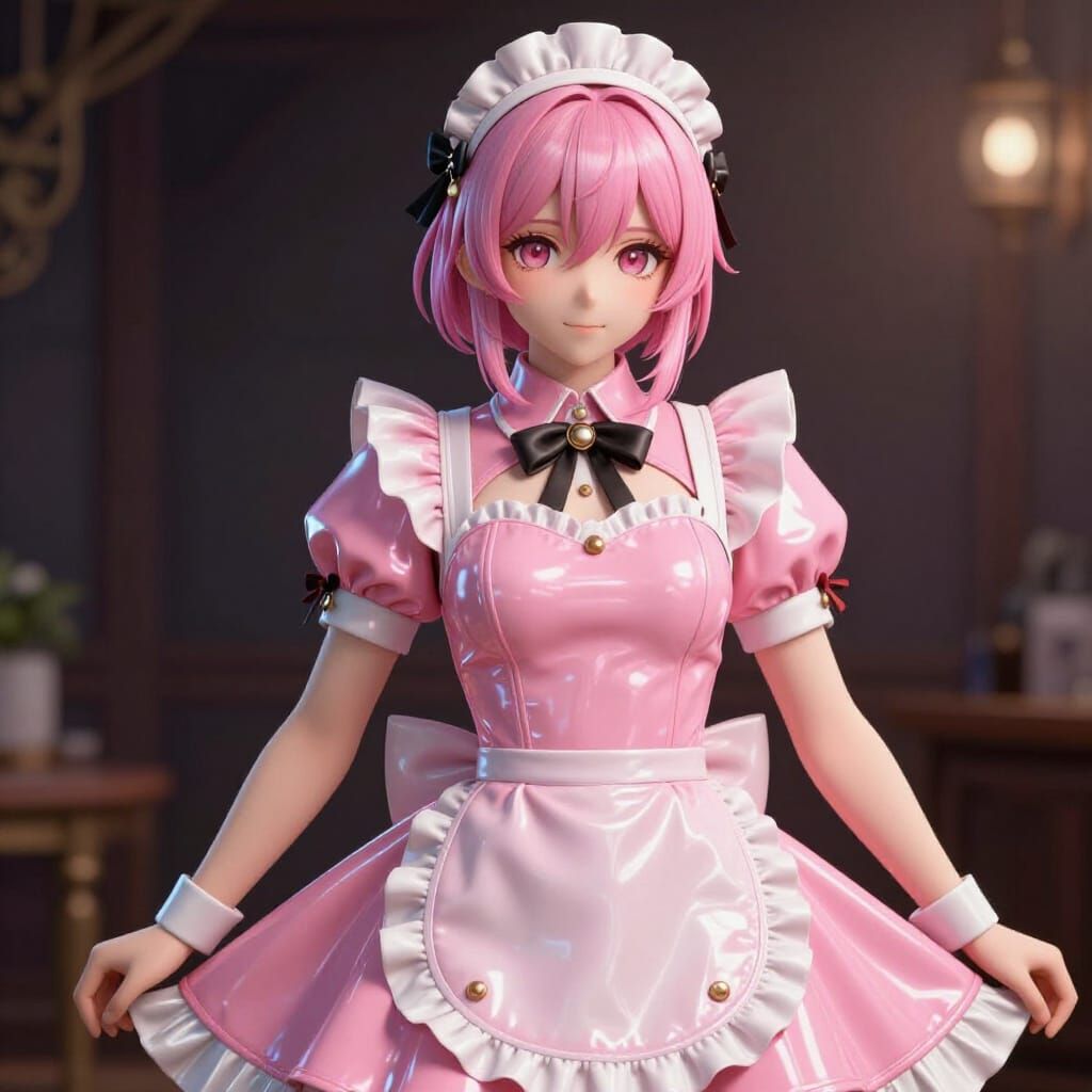 Anime Character in Pink PVC Maid Dress