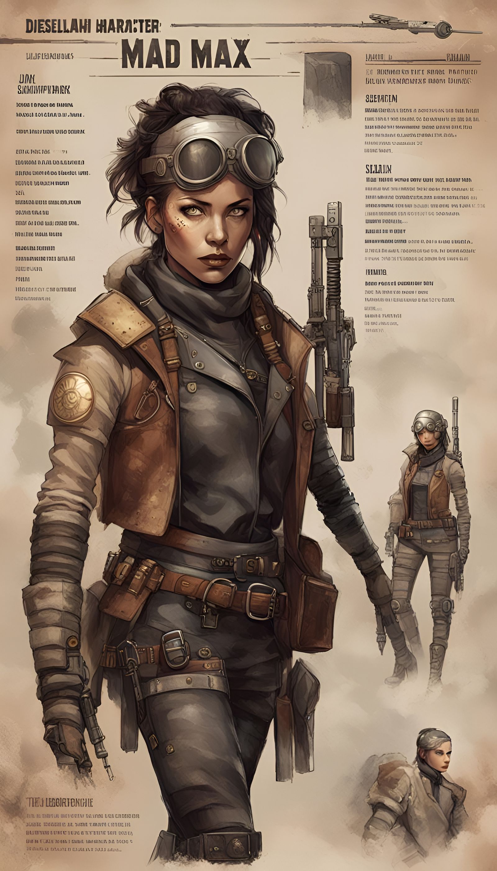 Dieselpunk Warrior Character Sheet in Cyberpunk Style