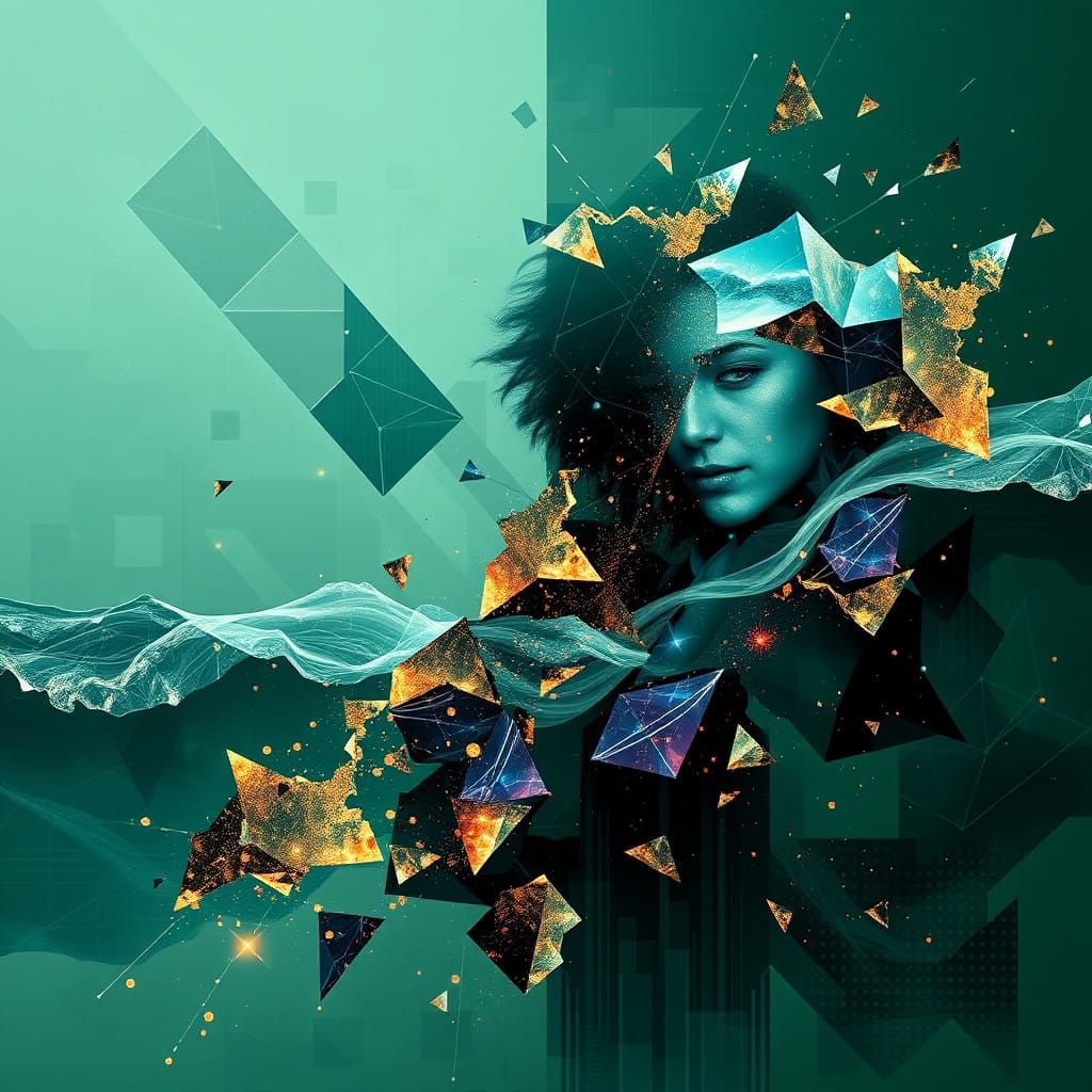 Symbolic Figure Dissolves into Holographic Waves in Abstract...