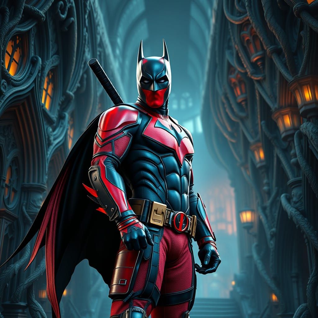 Batman in Vibrant, Metallic Red and Black Suit, Gotham City....