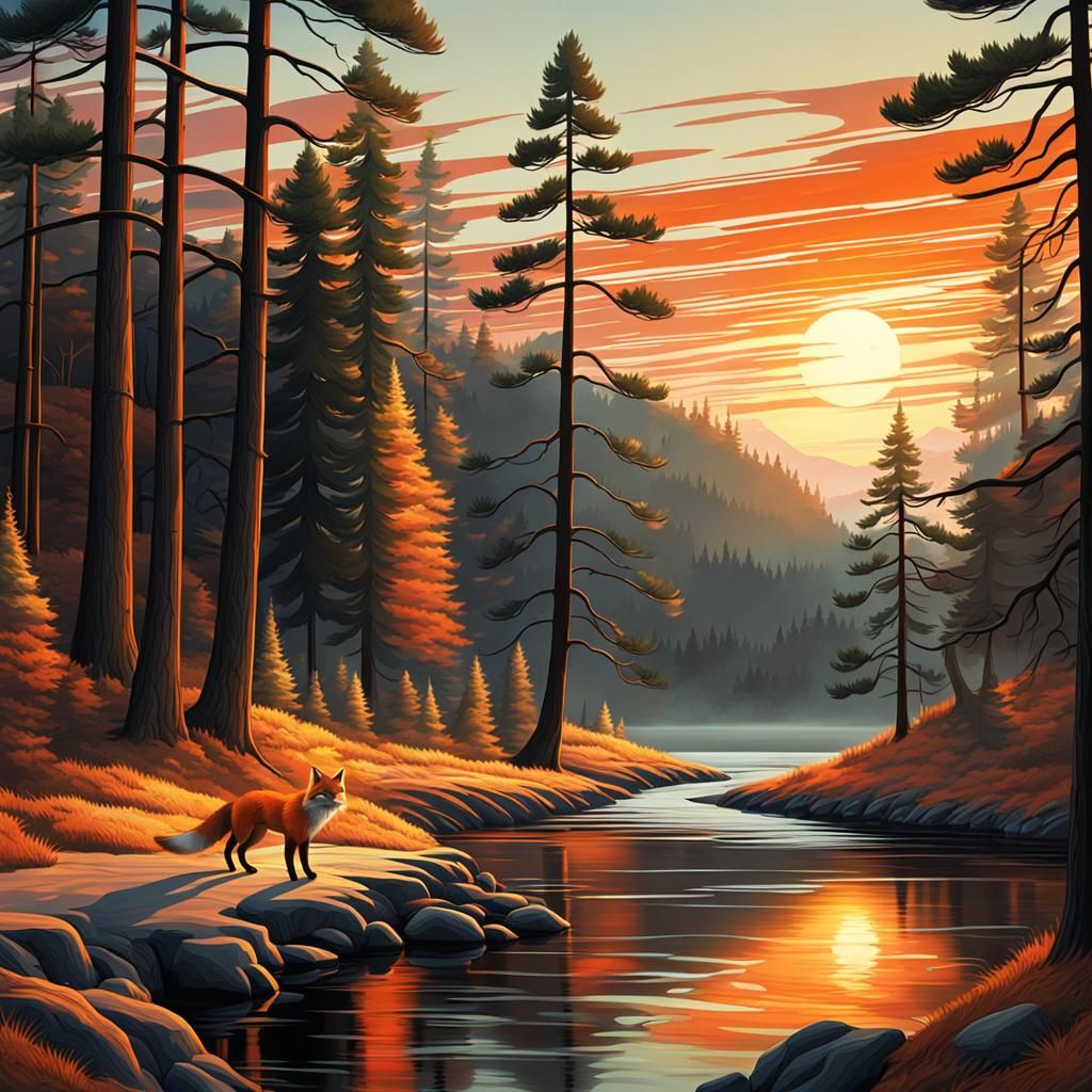 Art Deco Fox at Sunrise with Firebird
