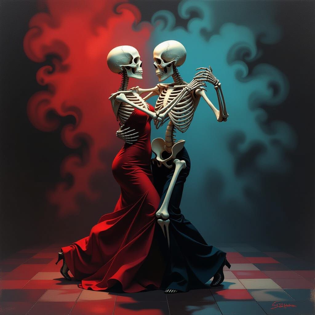 Skeletons Dancing Tango with Dramatic Lighting