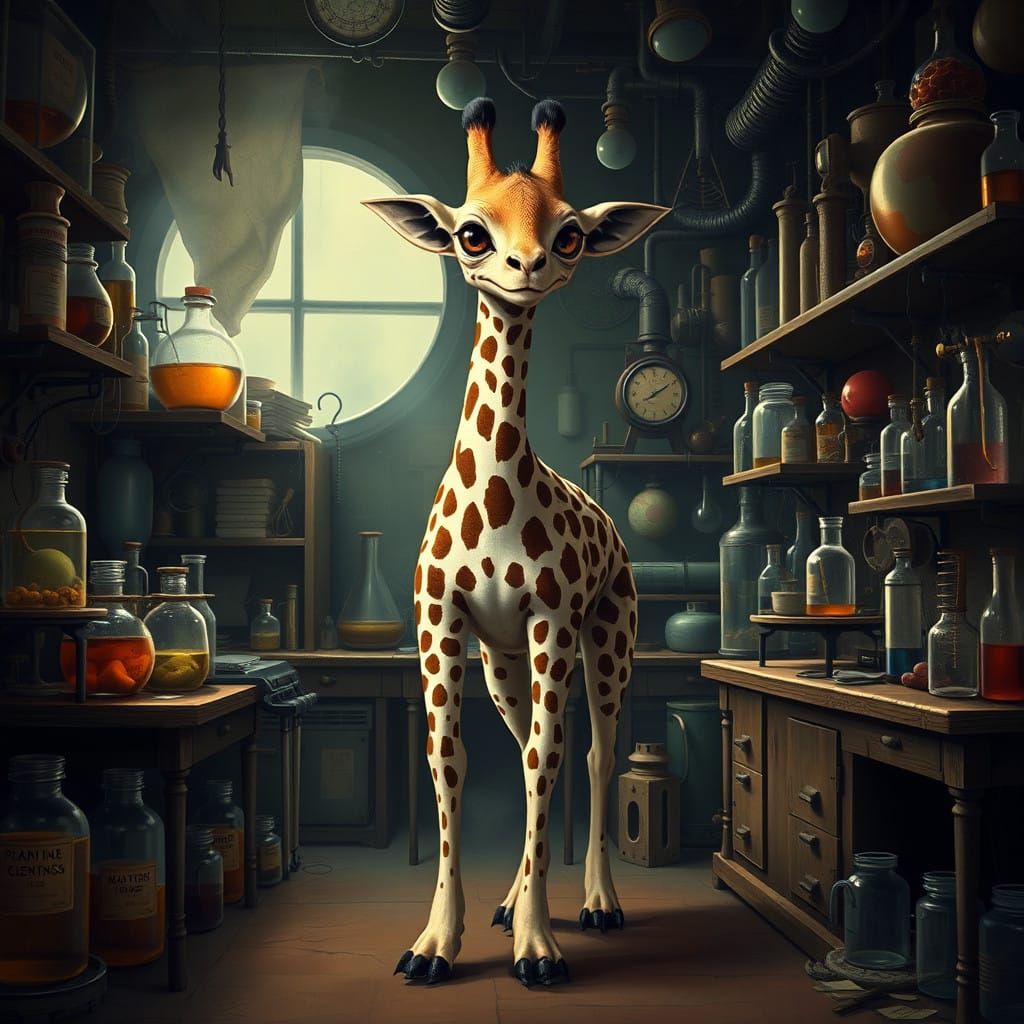 A lemur mixed with a giraffe, and a leapord in a mad scientists lab