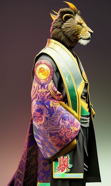 Victorian Cyberpunk Lion in Kimono: 8k Concept Art