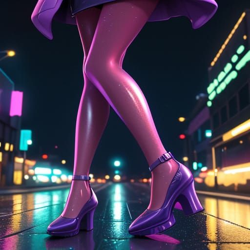 Woman in Purple Dress in Glowing Cityscape