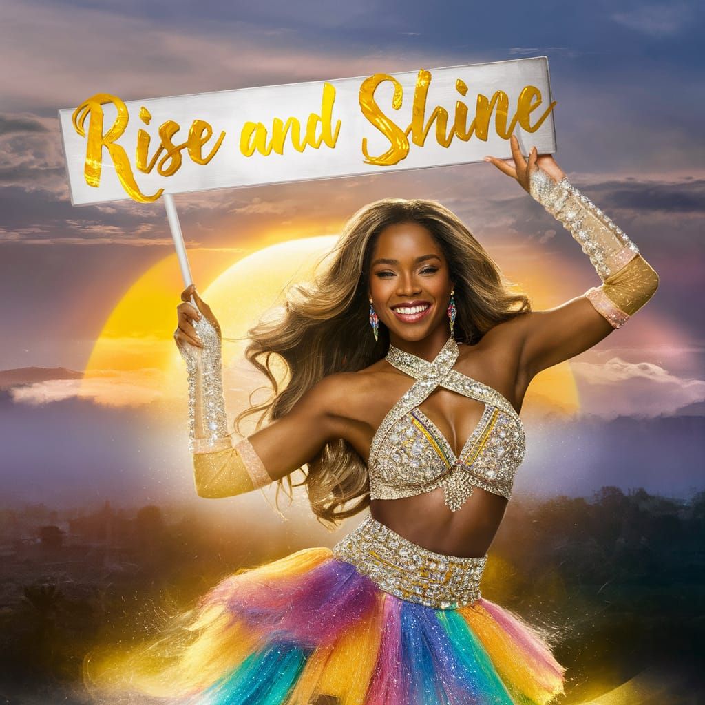 Radiant Woman Dancing at Sunrise with Sign