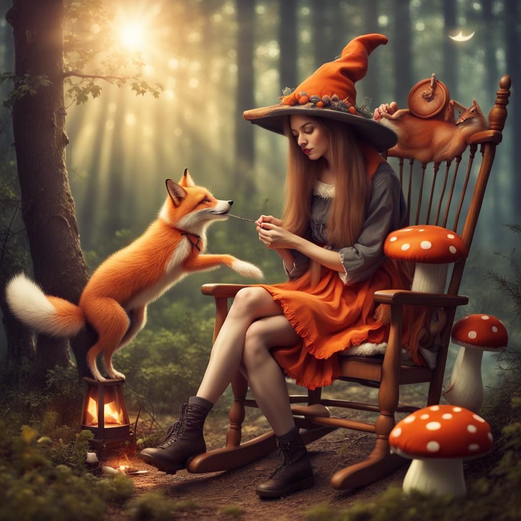 Friendly Witch Knitting in Forest Sunlight