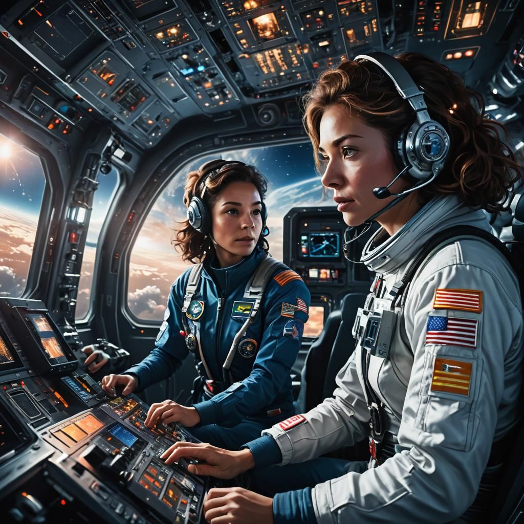 Astronaut and Companion in Spacecraft Cockpit: Hyperrealisti...