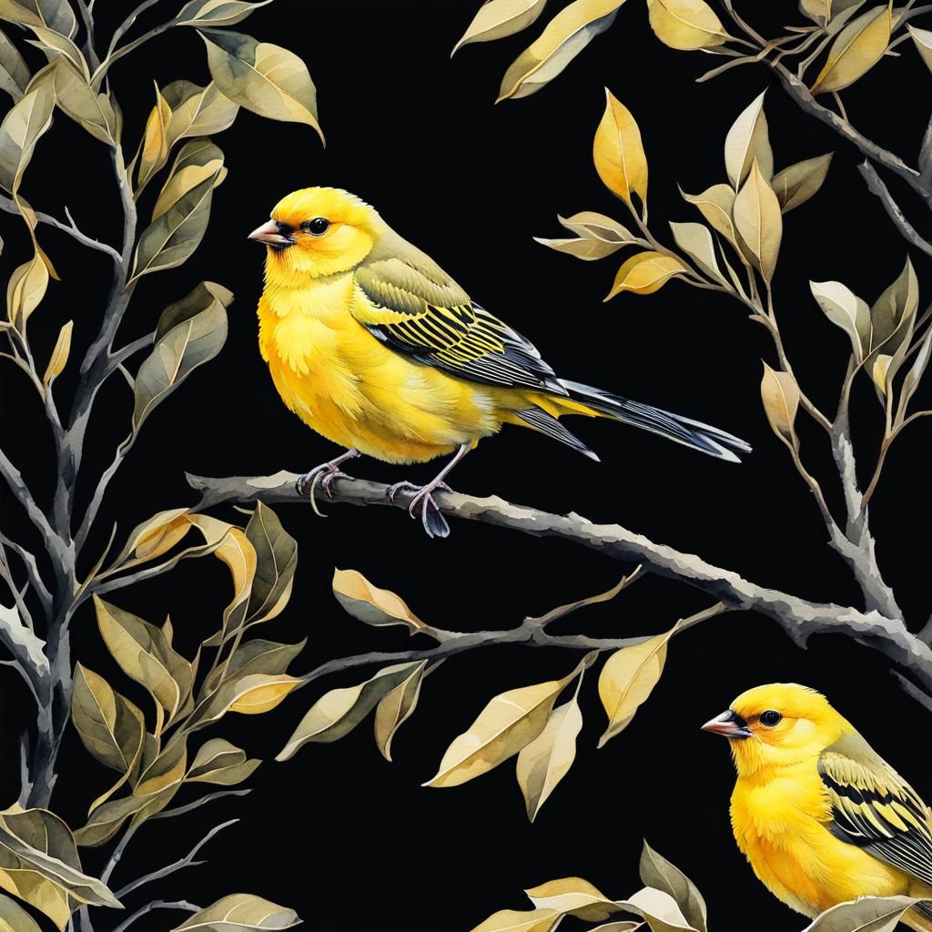 Beautiful Watercolor Canaries on Bare Black Branches