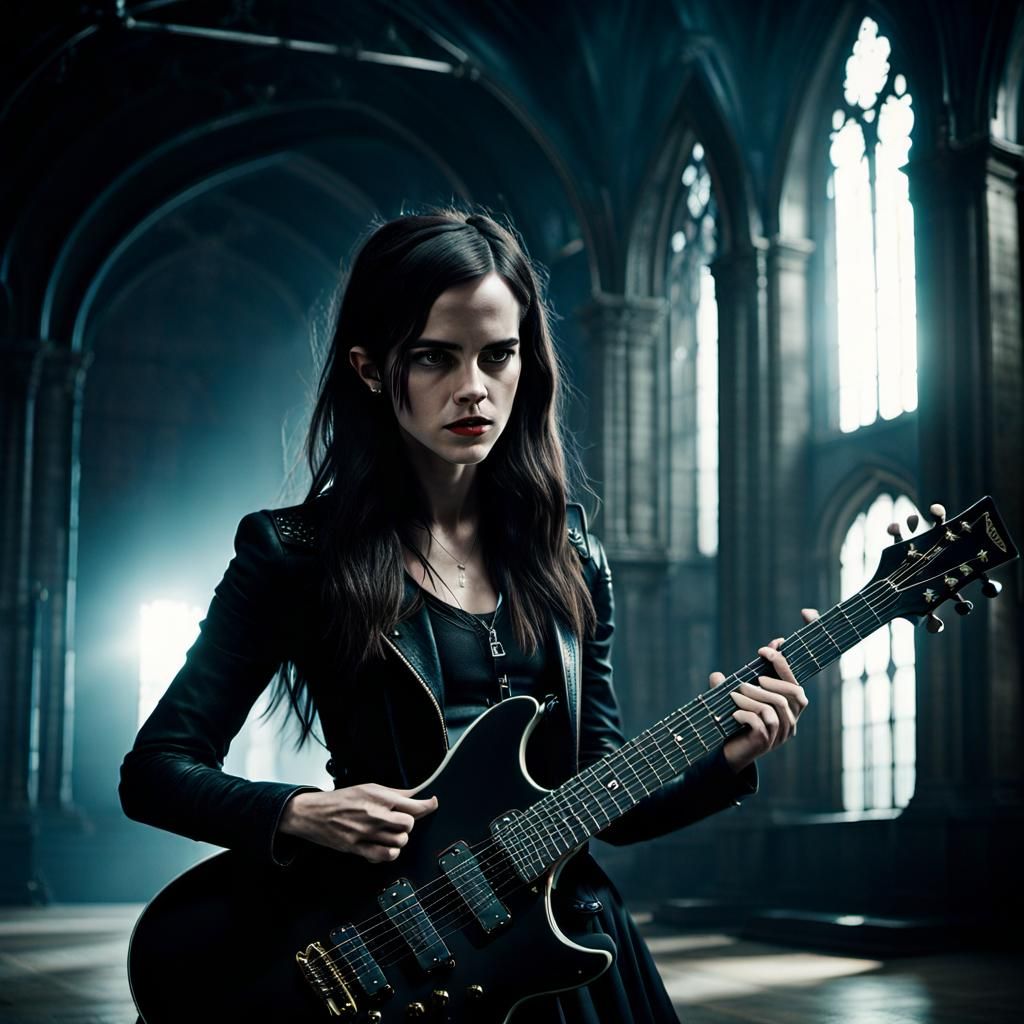 Gothic Girl Plays Electric Guitar in Giant Room