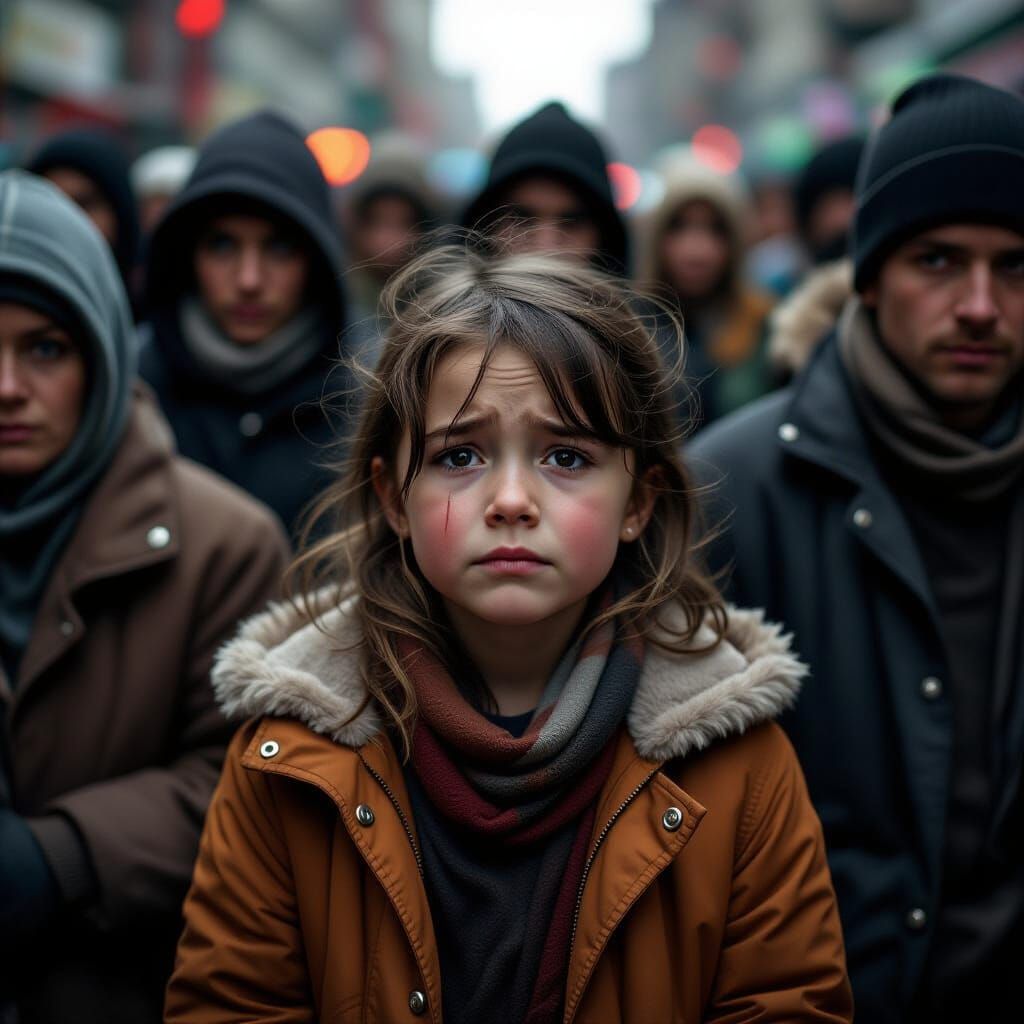 Young Girl Crying Among Homeless People in Dramatic Lighting