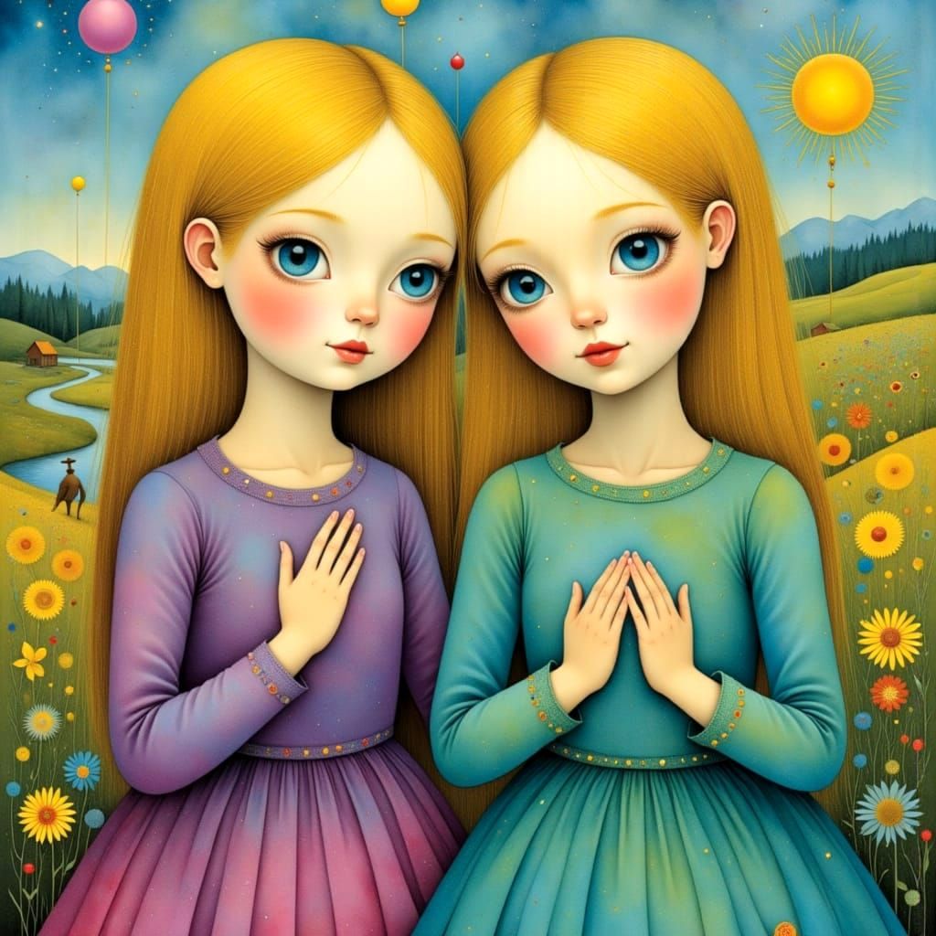 Sisters in Vibrant Harmony as Pastel Watercolor Painting