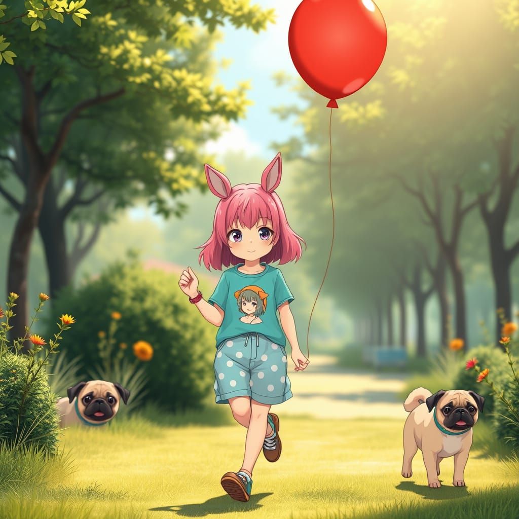 Whimsical Anime Girl in Morning Park