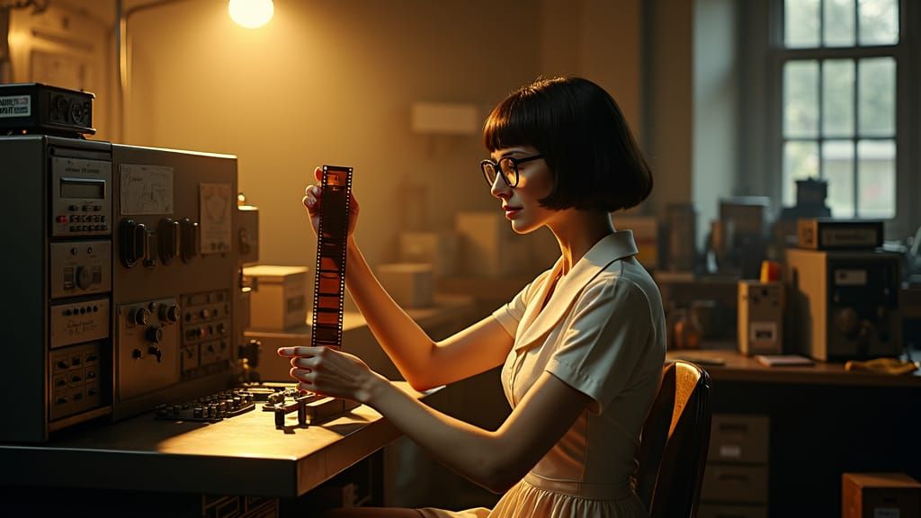 Film Editor Inspecting Film, 1969, Cinematic Style