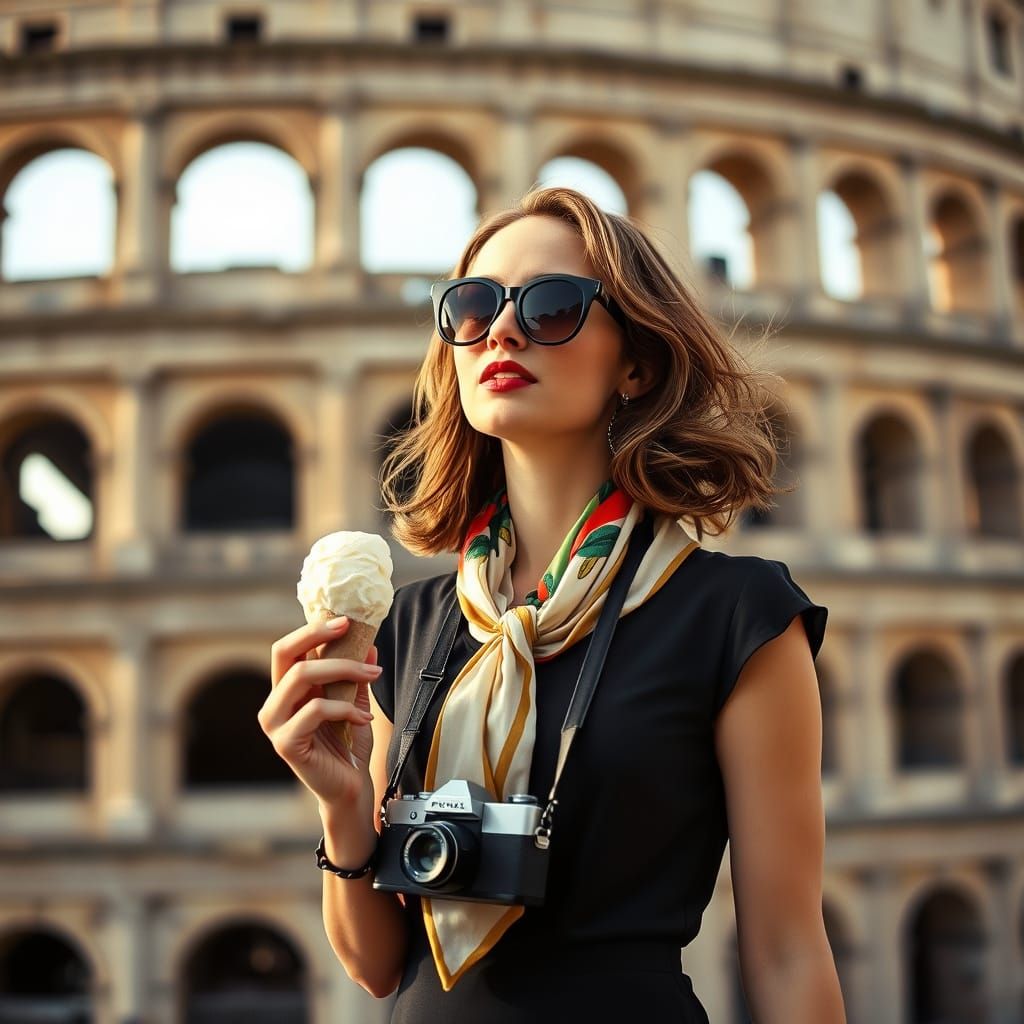 Chic Tourist at the Colosseum: A Vintage-Style Photograph