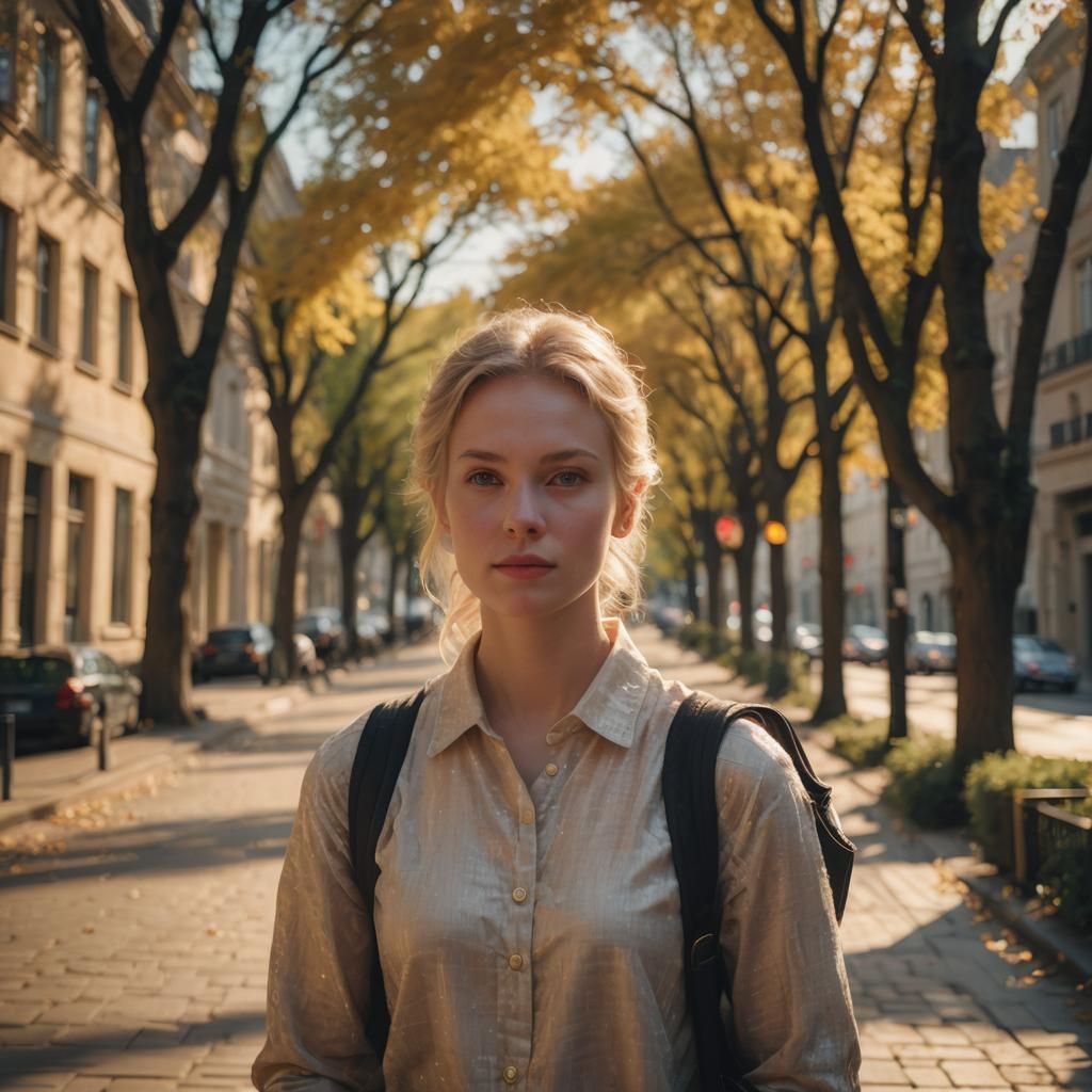 Blonde Woman Portrait in Golden Hour Impressionism