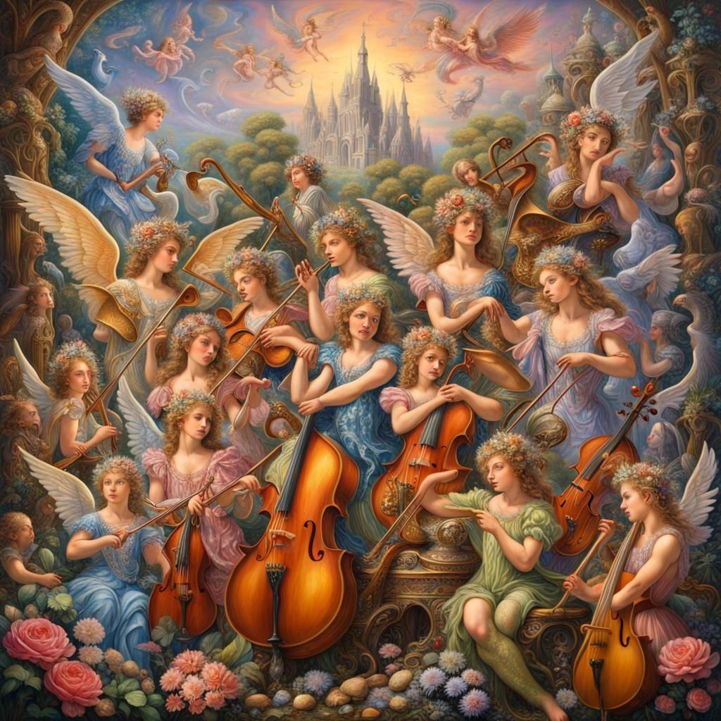 Angelic Orchestra in Fantasy Garden, Hyperreal Painting