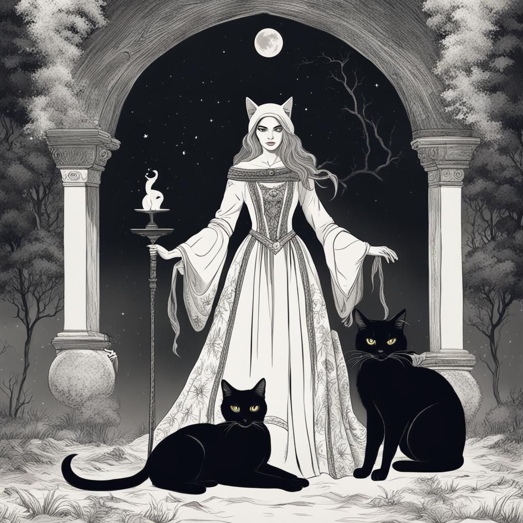 Mysterious Witchcraft Scene with Cat in Shadows