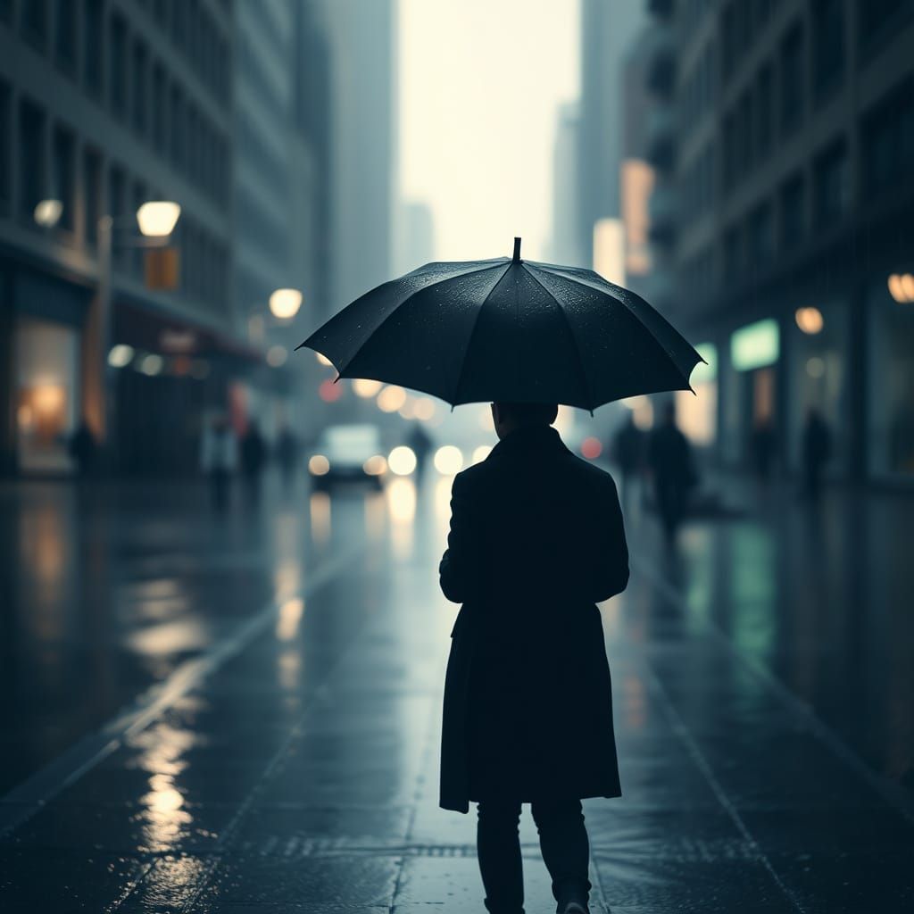 Cinematic Rainy Street Scene with Umbrella Silhouette