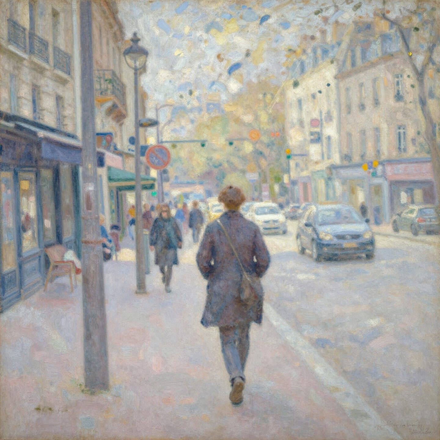 Impressionist Cityscape: Lone Figure in Dappled Light