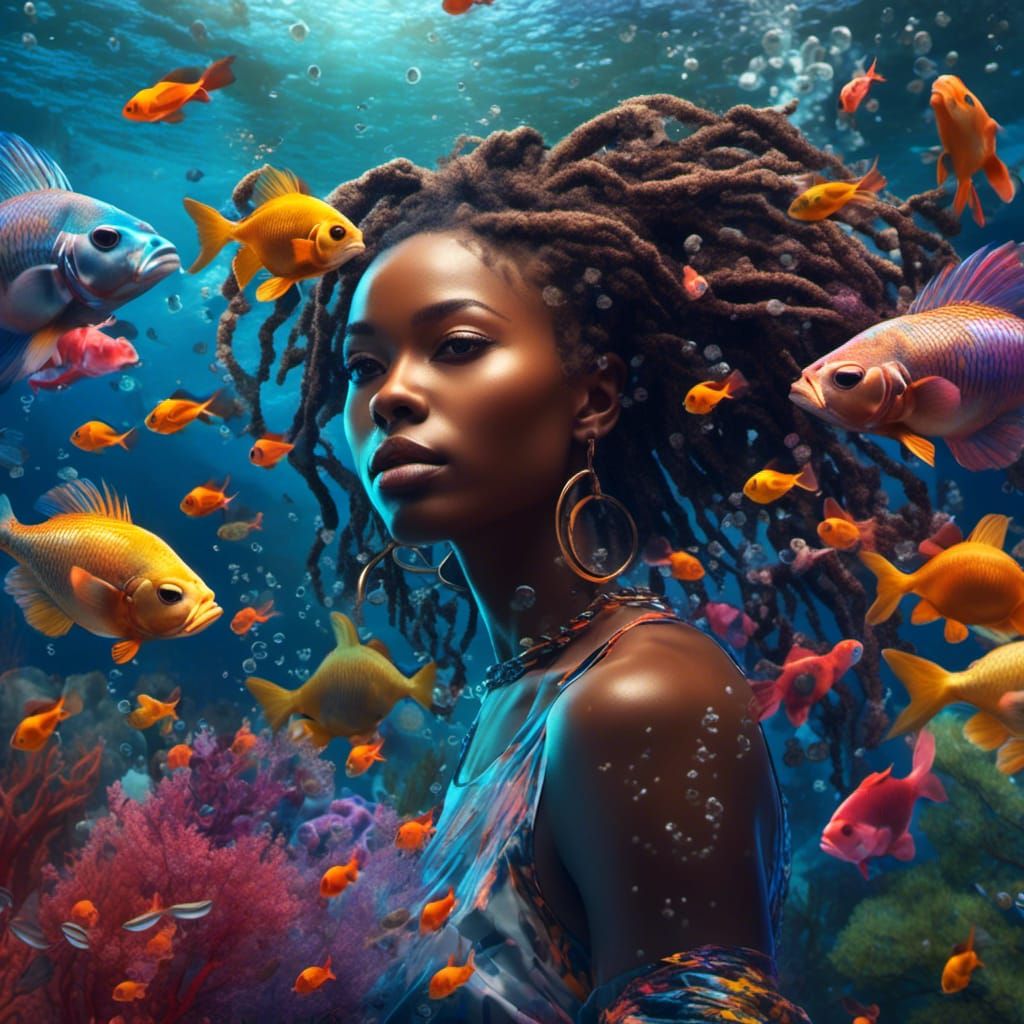 Hyperrealistic Melanin Woman with Fish in Splash Art