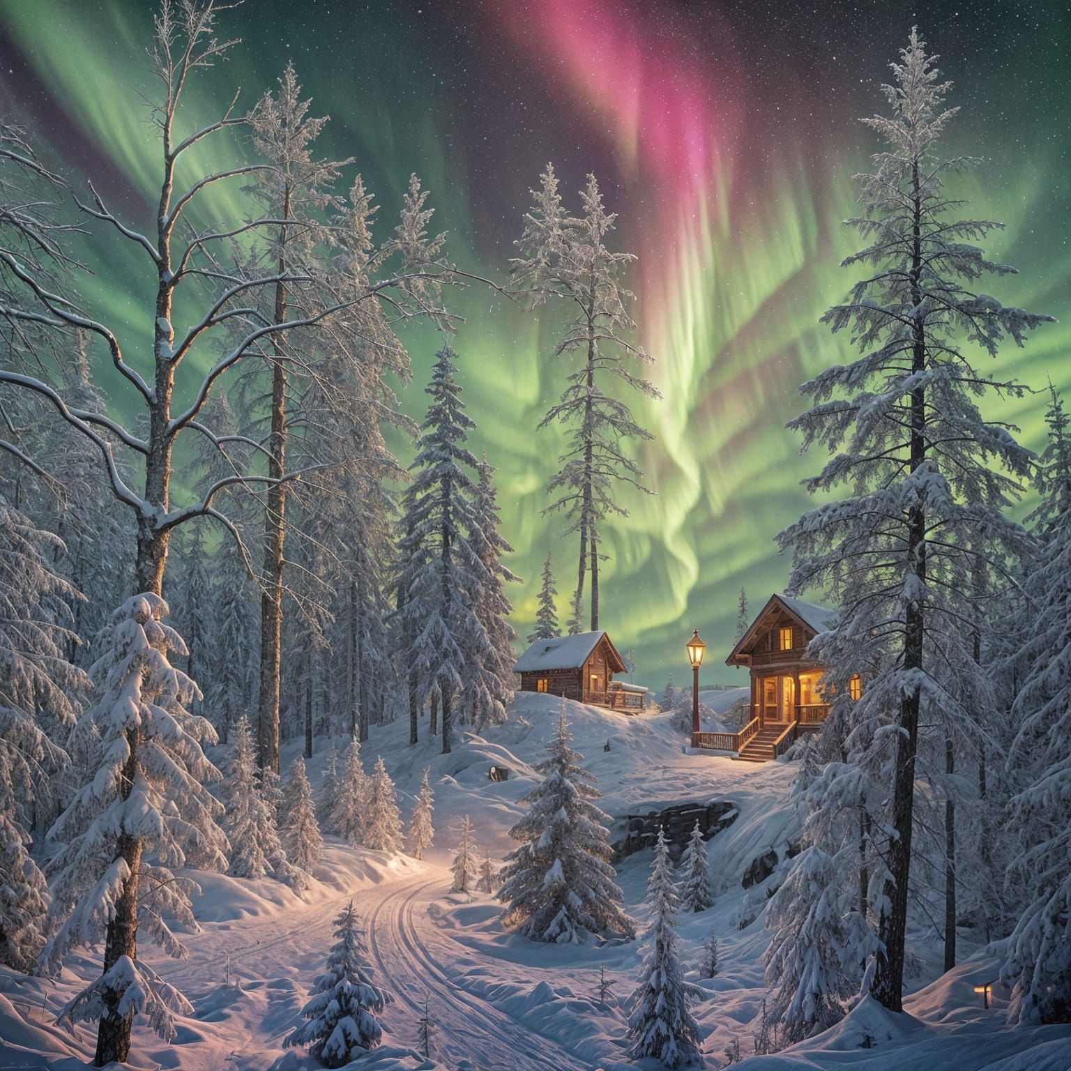 Spectacular Aurora Borealis Over Winter Night