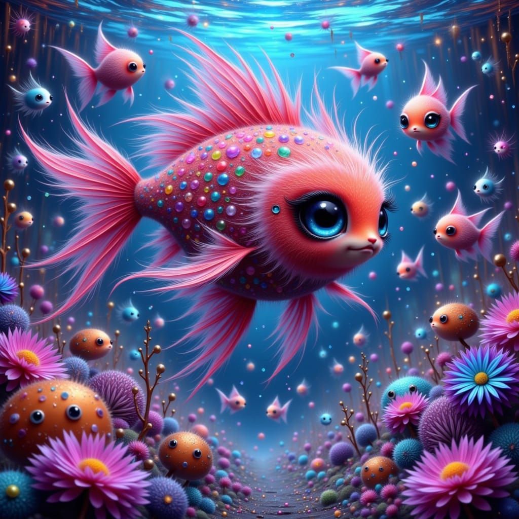 Scarlett Furry Fish in Murakami-esque Alien Aquarium