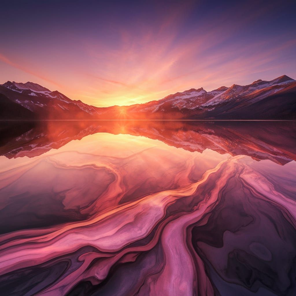 Golden Glow Melts Mountain Lake in Stunning Alcohol Ink Art