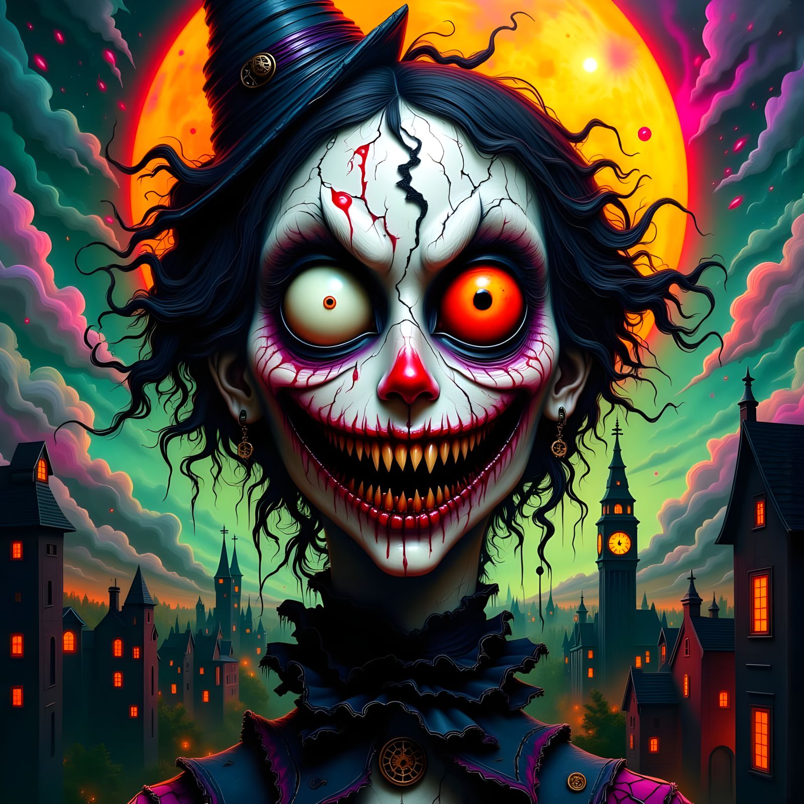 Steampunk Witch Haunts Victorian Cityscape in Creepy Surreal...