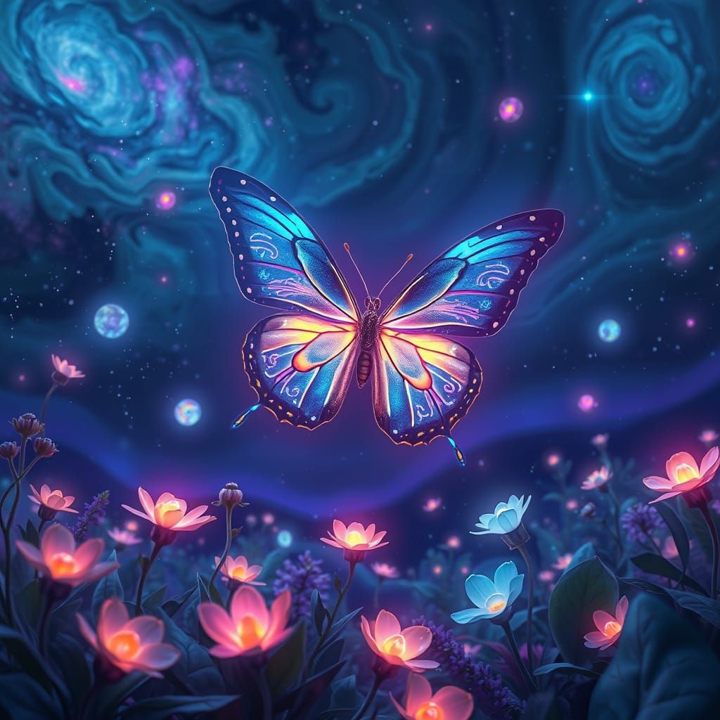 Bioluminescent Butterfly in Zero-Gravity Garden