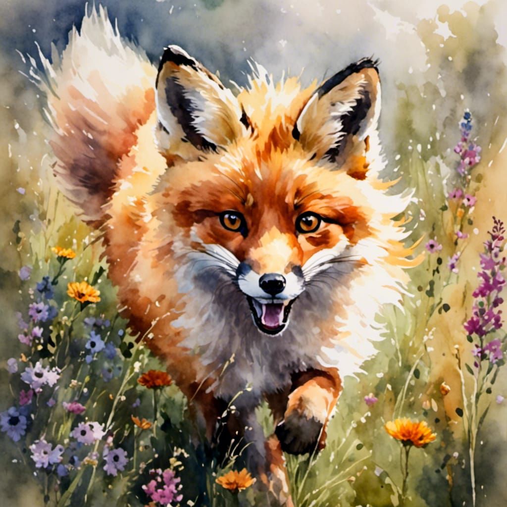 Watercolor Fox Running Through Wildflowers